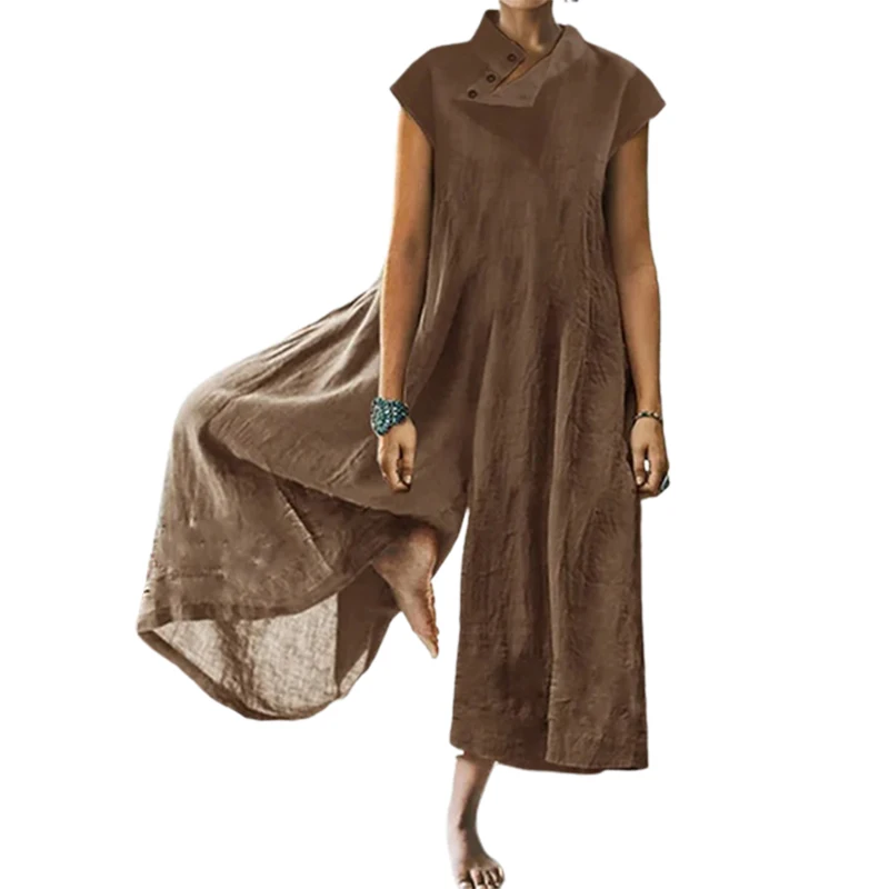 

Lemongor женский винтажный льняной наряд на пуговицах с широкими штанинами и подставкой, модель 2023 года, летний Повседневный Цельный Наряд для женщин