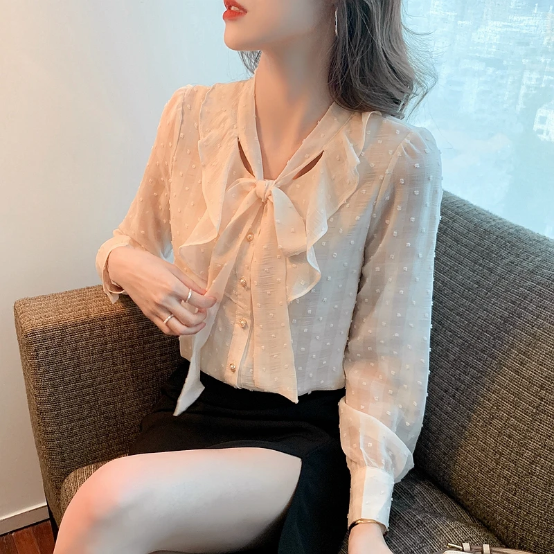 

Женская шифоновая рубашка, новый дизайн, нишевая рубашка с бантом и оборками, куртка с длинным рукавом, 981f,hai,0314-20