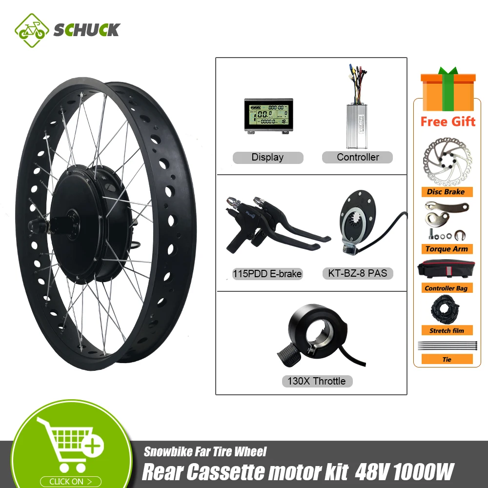 

48V 1000W Rear Cassette Drive Hub Motor Conversion Kit with Snowbike Fat Tire 20 26 Inch Wheel for Electric Bicycle Scooter Part