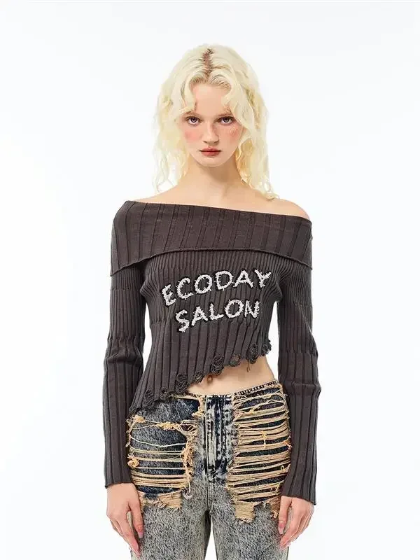 Топ со скошенными открытыми плечами женский облегающий пуловер популярный