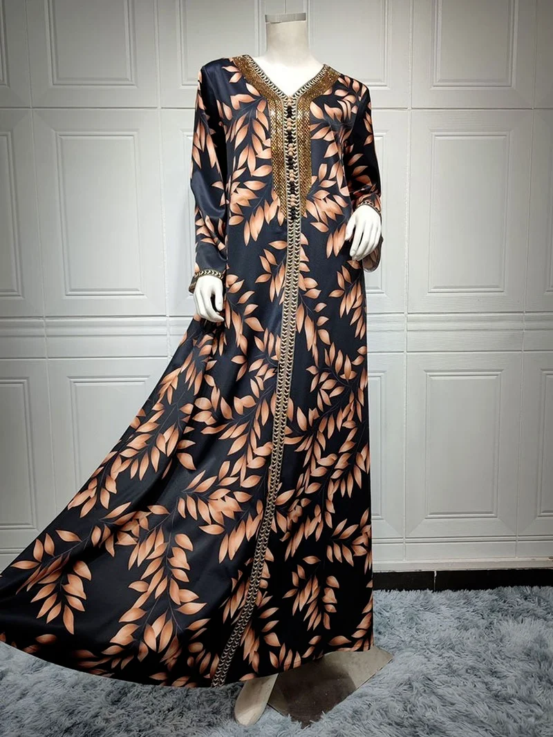 Beaded Abaya Printed Long Dress Women Arabic Party Kaftan Braided Trimming Saudi Gulf Dubai Jalabiya Muslim African Dresses 2022