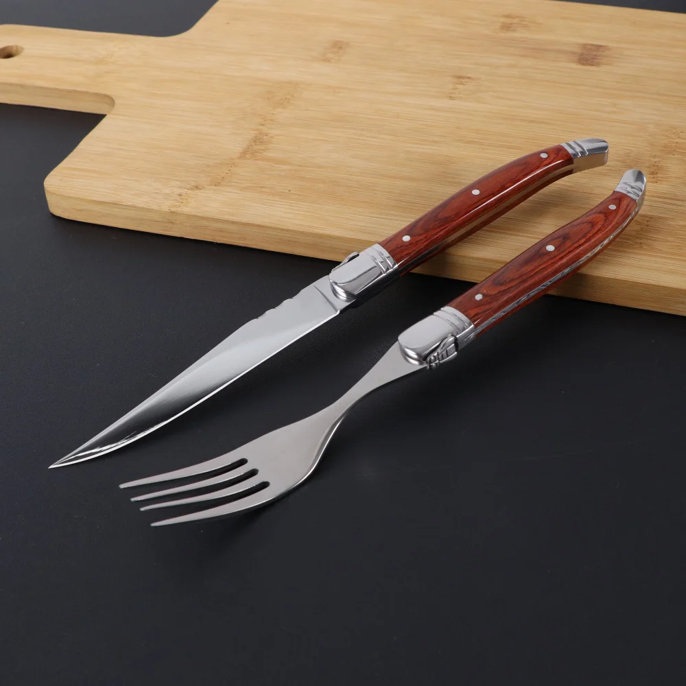 

Jaswehome Steak Knives Forks Set 430 Double Steel Head Red Pakka Wood Handle Upscale Cutlery Gift Set Stainless Steel Dinnerware