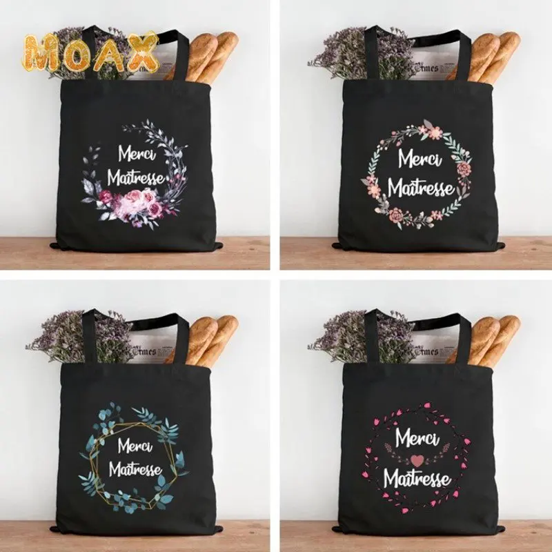 

Thank You Mistress Shoulder Bag Lady Eco Reusable Shopping Bags Women Travel Handbags Wreath Black Tote Bag Gift for Teacher