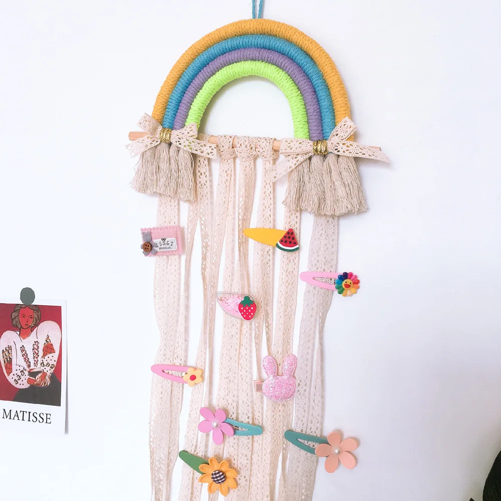 Nordic Style Woven Rainbow Childrens Hair Clip Hair Accessories Storage Belt Wall Hanging Headwear Finishing Belt Finishing Rack