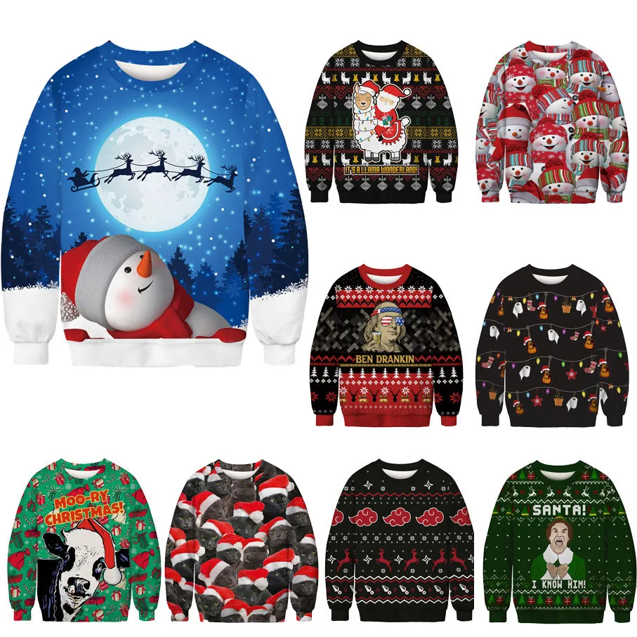 

Ugly Christmas Sweater For Women Men Snowman Reindeer Santa Sleigh Funny Xmas Pullovers Couples Autumn Winter Party Dress Jumper