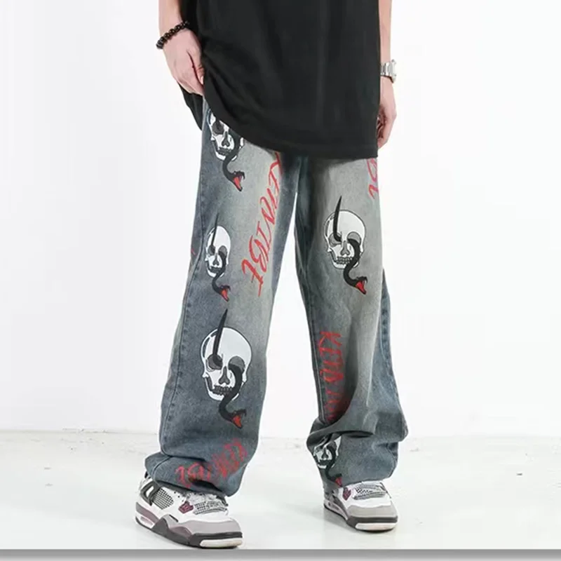 

Harajuku Snake Skull Letter Full Print Frayed Streetwear Retro Denim Trousers Men and Women Straight Ripped Washed Jeans Pants