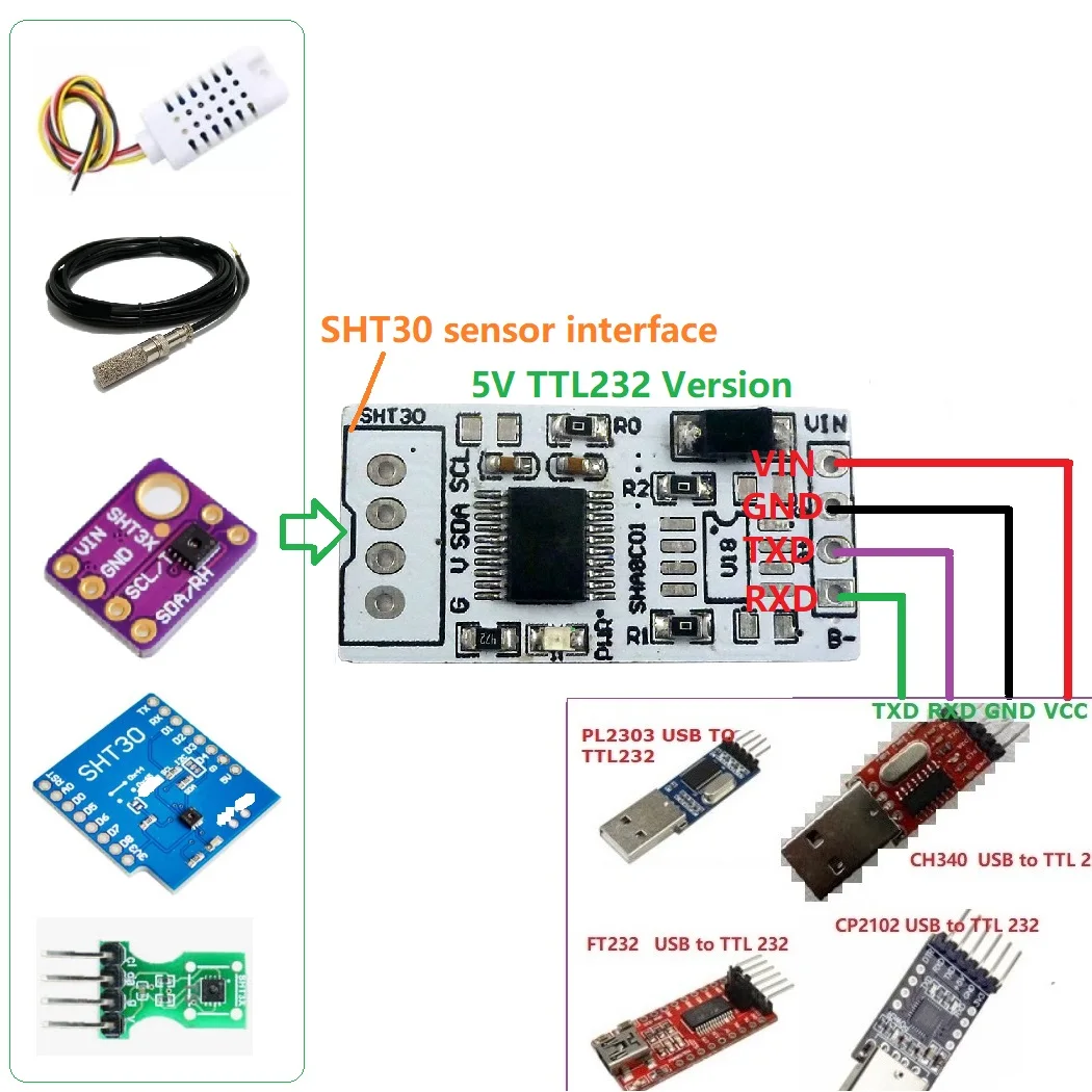 SHA8C01 -40-125 градусов Цельсия 0-100% относительной влажности SHT30 SHT3X RS485 RS232 TTL Modbus Rtu
