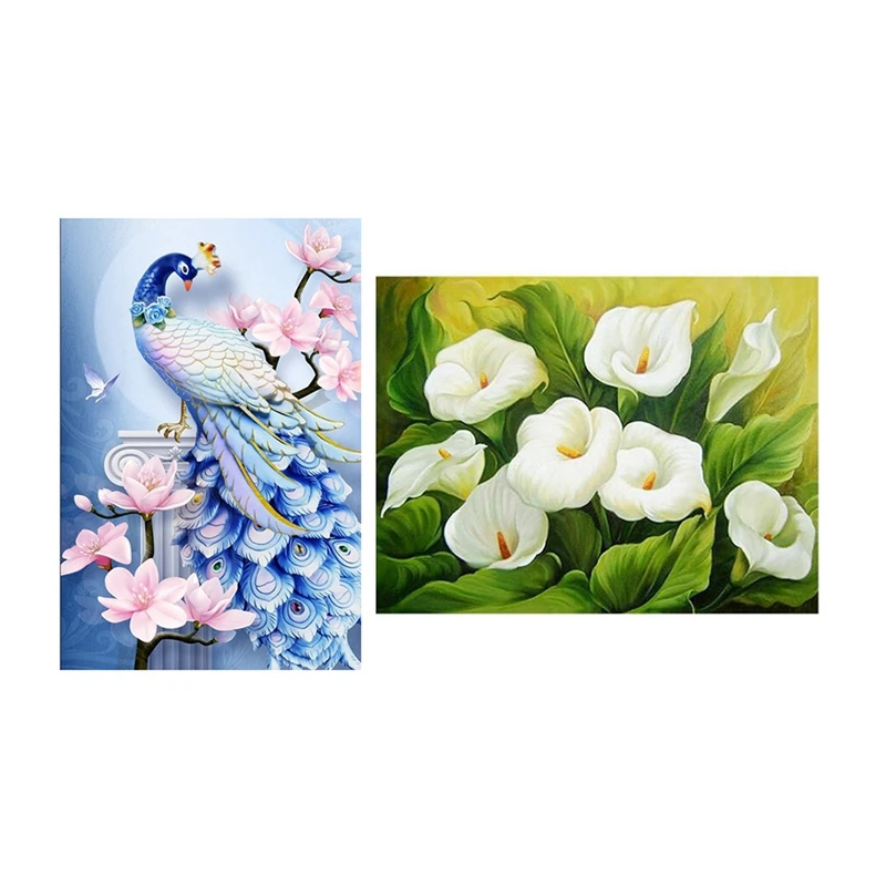 

2 Set 5D Diy Diamond Painting Home Decor Full Round Diamond Embroidery - Peacock & Lily