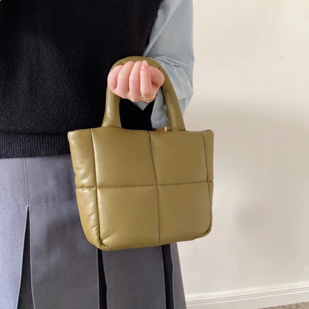 

Mini Down Space Bags for Women Tote Winter Quilted Handbag Soft Cotton Padded Shoulder Bag Plaids Crossbody Bags Shopper Purses