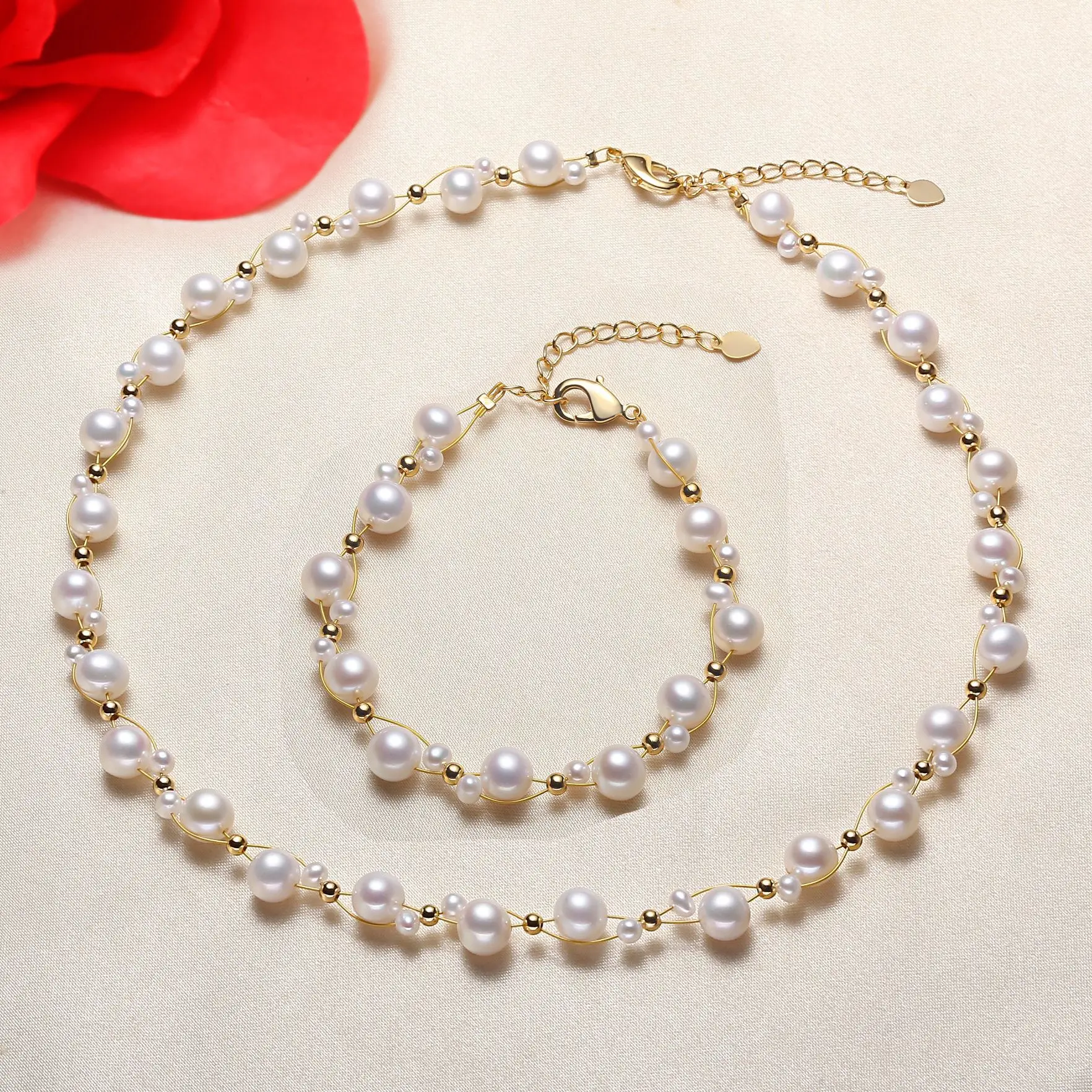 

18k Gold Freshwater Pearl Necklace Bracelet Set for Women Woven Delicate Romantic Wedding Pearl Jewelry