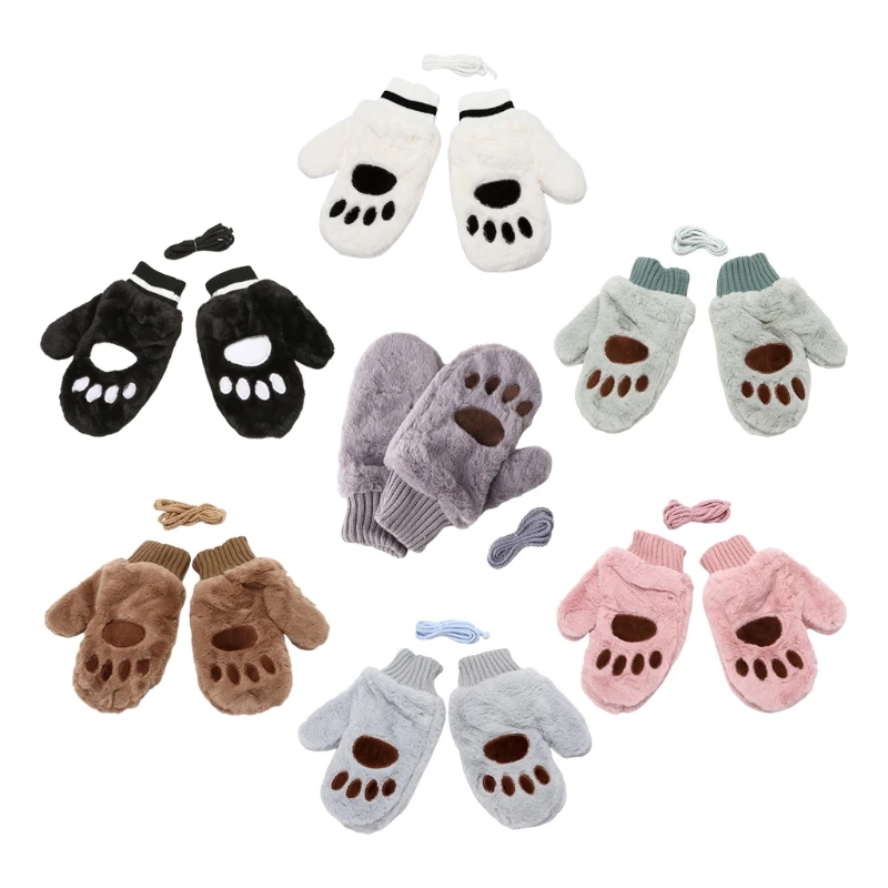 

M2EA Lovely Plush Claw Mitten Cartoon Kitten Paw Gloves with Rope Halloween Cosplay Full Finger Gloves Party Dress up