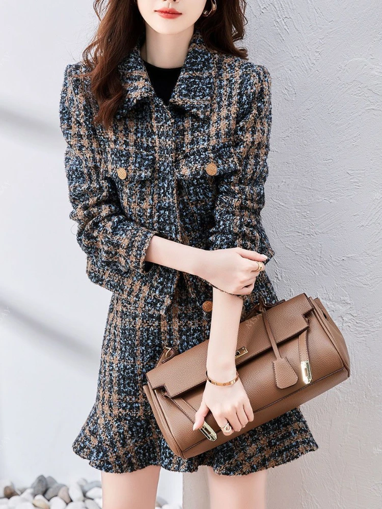 

Fashion Women Sets Turn Down Collar Long Sleeve Short Coats Patchwork Mini Trumpet Skirts Spring Autumn Elegant Female Slim Set