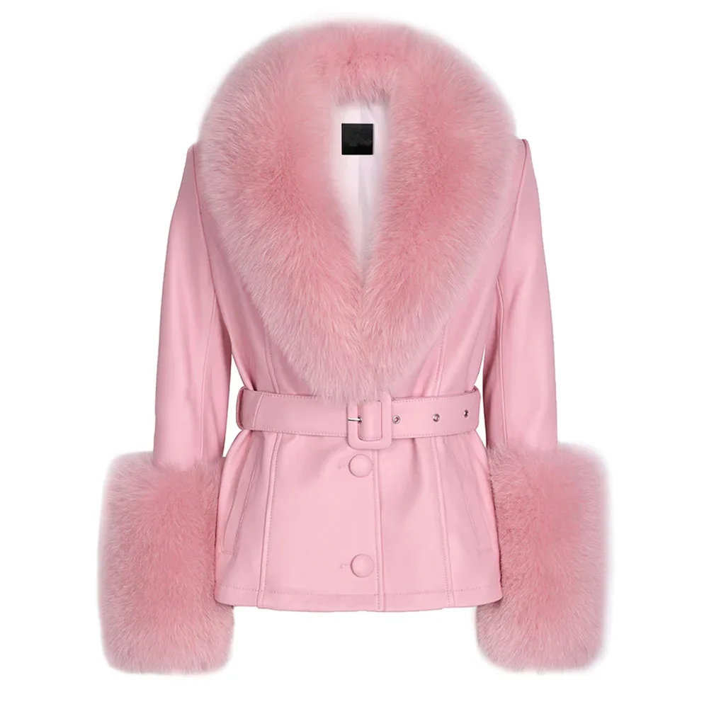 Denny &amp Dora женское пальто из натуральной кожи с воротником лисьего меха плащ