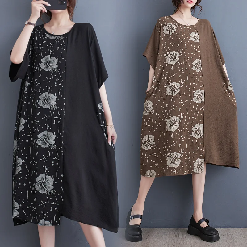 

#3991 Spliced Color T Shirt Dress Short Sleeve Summer Printed Vintage Dress Ladies Side Pockets Loose Irregular Midi Dress Femme