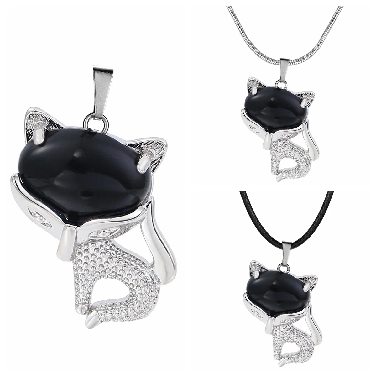 

Black Onyx Women Crystal Necklace Natural Gemstone Luck Silver Fox Pendant Healing Chakra Amulet Animal Choker Jewelry