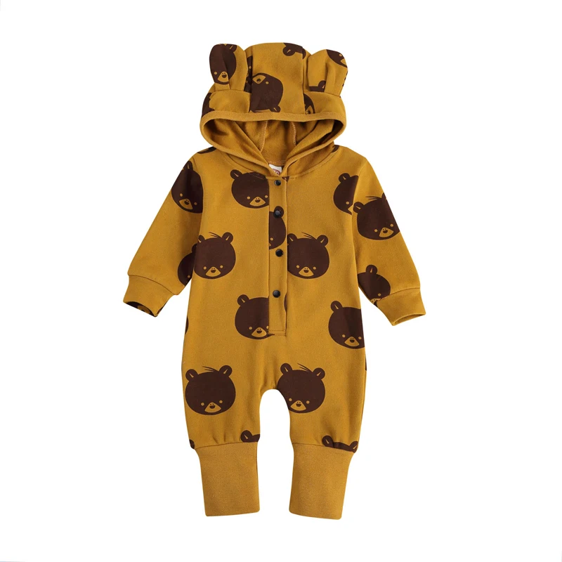 

Pudcoco 0-24M Romper Toddler Baby Girls Boys Round Collar Hooded Ears Jumpsuits Long Sleeve Cartoon Printing Button Playsuit