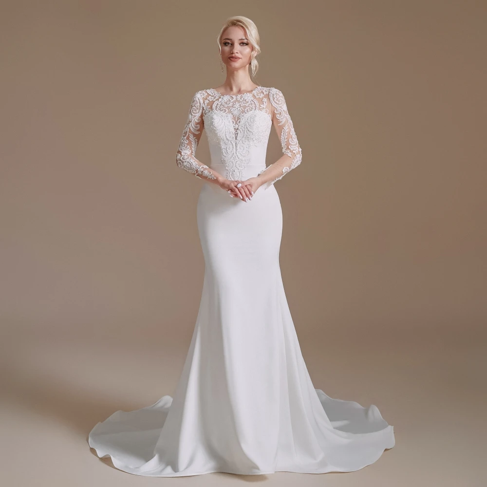 

Scoop Neckline Full Sleeve Button Wedding Dress Chapel Train Floor Length Mermaid Applique 2023 New Bridal Gowns