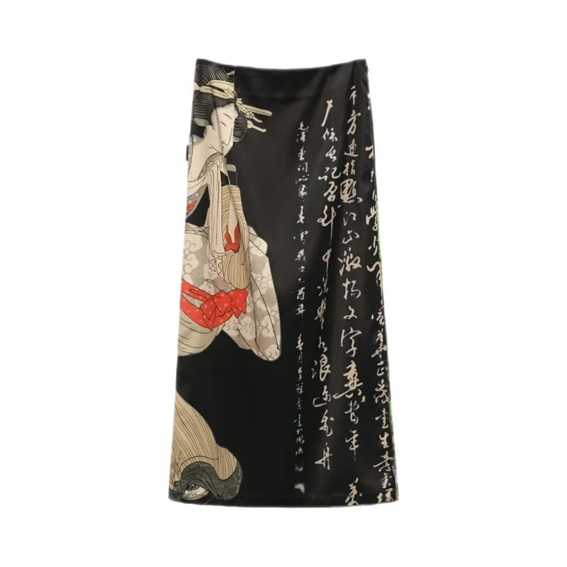 

Summer Gothic Black Geisha Printed Side Slit Hanfu Skirt Chinese Clothes for Women Halloween Cospaly Costumes Vestido Hanfu