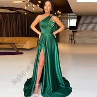 dark green one shoulder evening dress slit floor length sleeveless lace appliques a line vestidos robes de soir%c3%a9e custom made