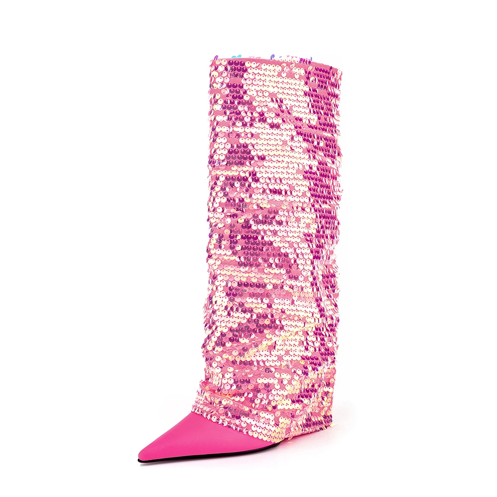 

Autumn Winter Women Mid Calf Boots Pointed Toe Wedges Slip On Sequined Cloth Glitter High Heel Fashion Sexy Clubwear Tall Boots