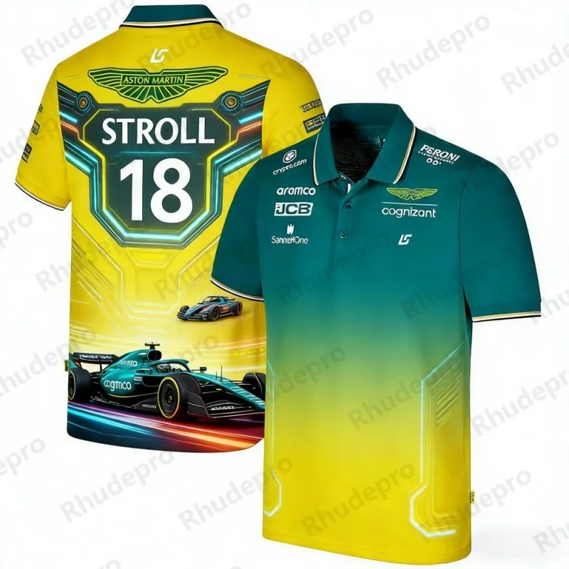 Фото Футболка-поло с короткими рукавами Aston Martin Team Stroll 18 Racing Theme для любителей гонок, спортивный повседневный топ №1