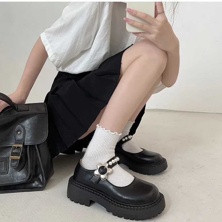 

Black Pearl Retro Small PU Leather Shoes Women's Student Thick Bottom Japanese Simple Jk Shoes Mary Janes Shoeswomen Shoes