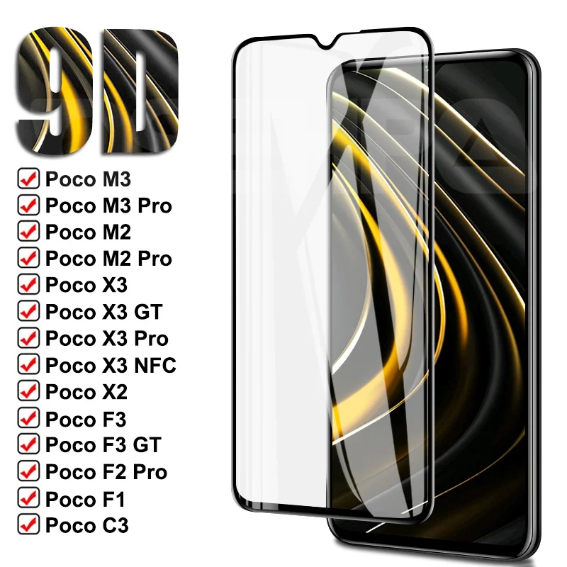 

9D Protective Glass For Xiaomi Poco X3 NFC M3 Pro Tempered Screen Protector Poco F3 X3 GT X2 M2 C3 F3 F1 F2 Pro Glass Film Case
