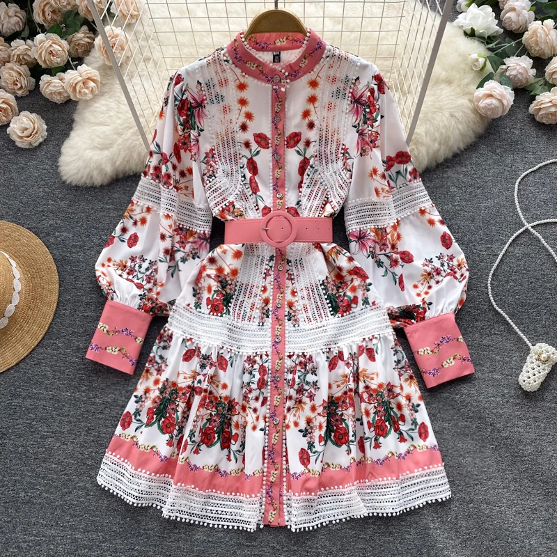 

WEIHAOBANG 2022 Summer Women's New Printed Single Breasted Long Sleeve Stand Collar Belt High Waist Dress Short A-line Skirt