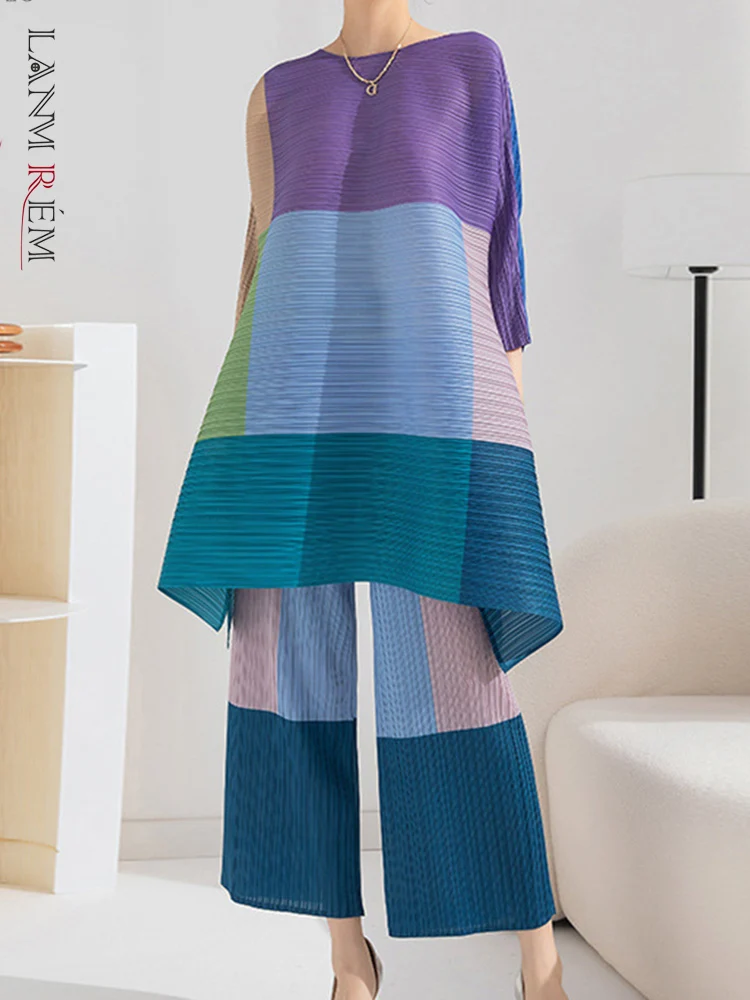 

LANMREM Contrast Color Spliced Pleated Sets For Women Long Sleeve Long Loose Top Wide Leg Pants 2 Pieces Set 2023 New 2L2213