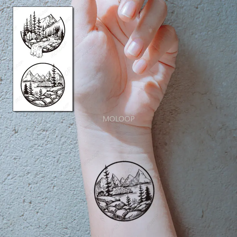 

Tattoo Sticker Cricle Black Sun Moon Forest Tree Mountain Waterproof Temporary Fake Tatto for Men Women Kids Body Art