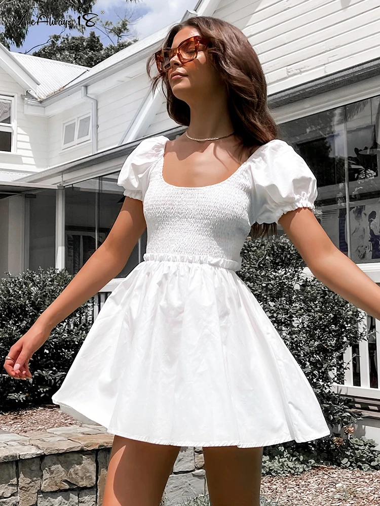 Mnealways18 белое мини-платье с коротким пышным рукавом, женское однотонное ТРАПЕЦИЕВИДНОЕ женское платье с эластичной талией и оборками, шикарн...