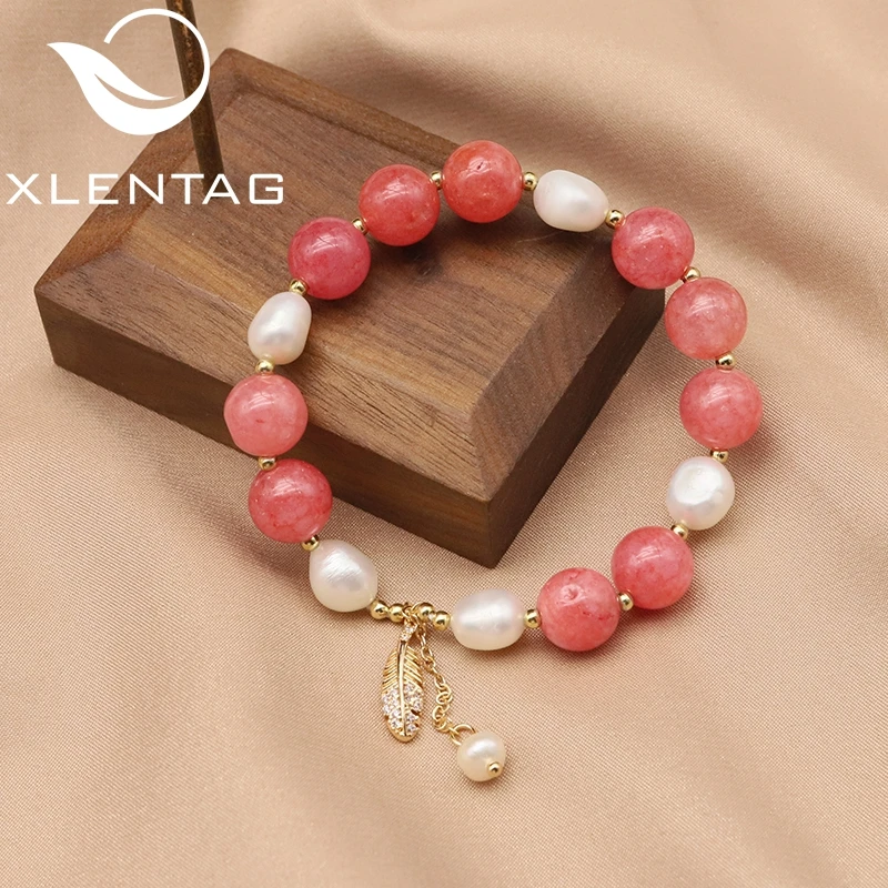 

Xlentag Watermelon Red Natural Freshwater Pearls Maple Leaf Woman Stretch Bracelet Luxury Designer Jewelry Anniversary Gifts