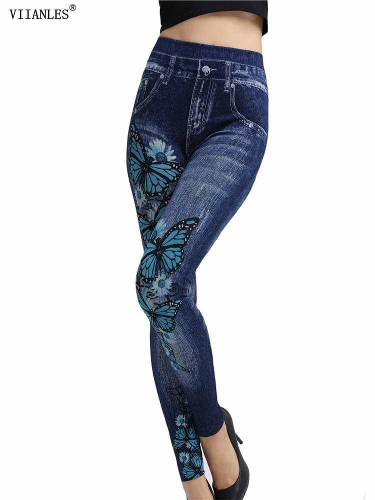 

VIIANLES 2022 New Disign Hot Sale Butterfly Pritned Pencil Pants Faux Denim Leggings Female Sexy Gym Leggins High Waist Elastic
