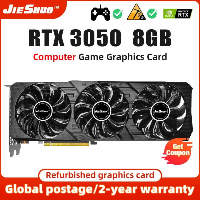 

Видеокарта JIESHUO RTX3050 8 Гб 128 бит графическая карта GPU GeForce RTX3050 8G GDDR6 PCI Express4.0 компьютерная игровая видеокарта