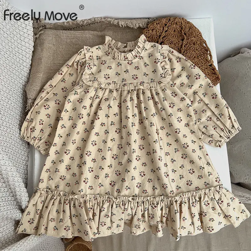 

Freely Move 2022 Spring Autumn New Puff Sleeve Girls Dress Floral Cotton Soft Ruffle Korean Casual Dresses Children's Clothing