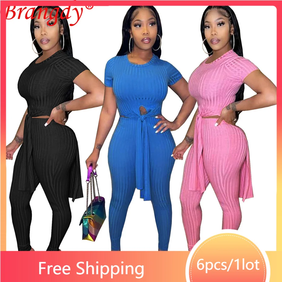 

6sets Bulk Items Wholesale Lots Fashion Ribbed Pantsuits 2 Piece Set Women Split Bind Top Outfits Bodycon Tracksuit B9183