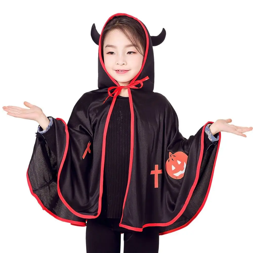 

1PC Funny Cartoon Devil Horn Cape with Hooded Creative Witch Magic Cloak for Boys Girls Halloween Cosplay Props