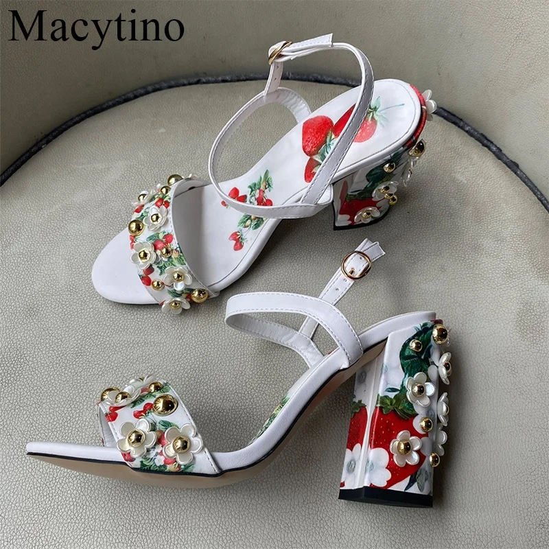 10CM High-heeled Sandals Women's 2022 Summer New Style Fashion Small Flower Decoration Buckle Strawberry Pictures  Shoes