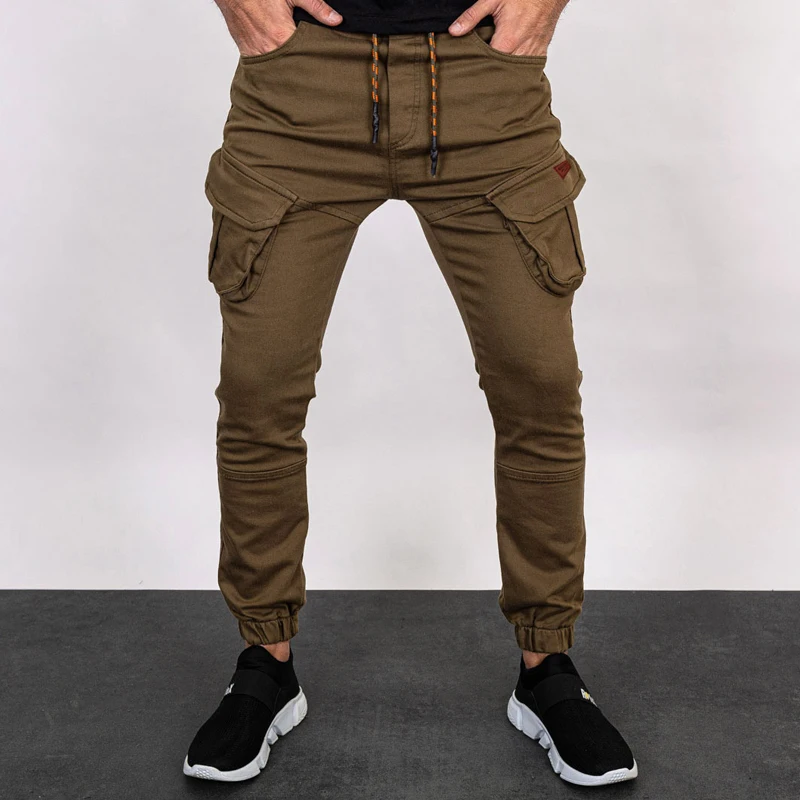 

Casual Men Solid Multi Pockets Cargo Pants Gym Jogger New Arrival 2023 Slim Sweatpants Fashion Drawstring Mid Waist Trouser Pant