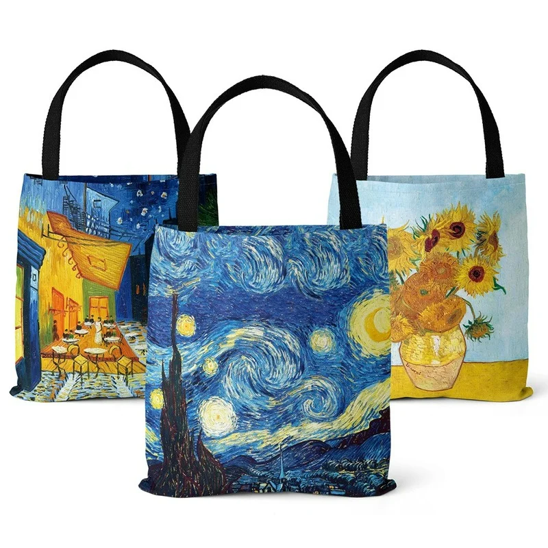 New Van Gogh Starry Sky Oil Painting  Ladies Canvas Beach Lunch Cosmetic Storage Ziplock Makeup Travel Tote Multi-Purpose Bags