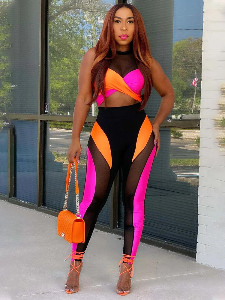 

Balogun Summer Streetwear Patchwork Bodycon Two 2 Piece Outfits For Women 2022 See Through Sleeveless Crop Top Outfits Female