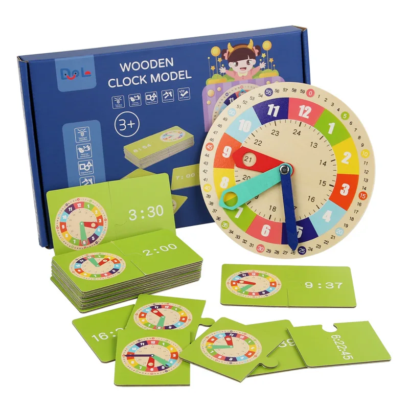 

Wooden Clock Model Teaching Aid Woodiness Montessori Learning Clocks with Cards Training Aid Kindergartner Toy for Game Gifts