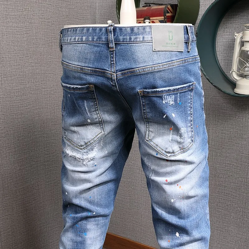Streetwear Fashion Men Designer Men Jeans Retro Light Blue Elastic Stretch Slim Fit Ripped Jeans Men Korean Vintage Denim Pants