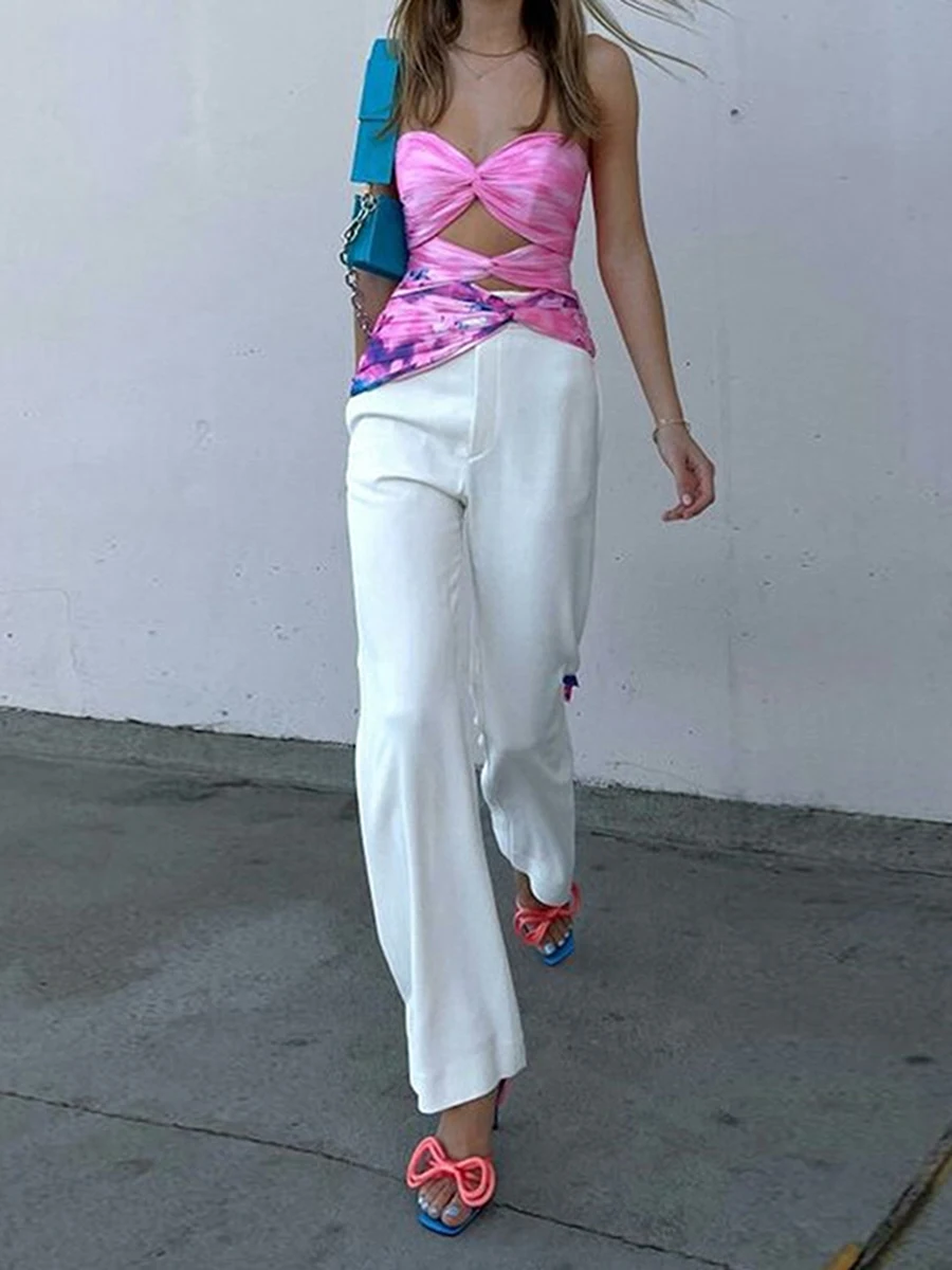 

Women Asymmetry Tube Tops Tie Dye Butterfly Pattern Cutout Hollowed Slim Tie up Twist Front Camisole Y2K Clothes