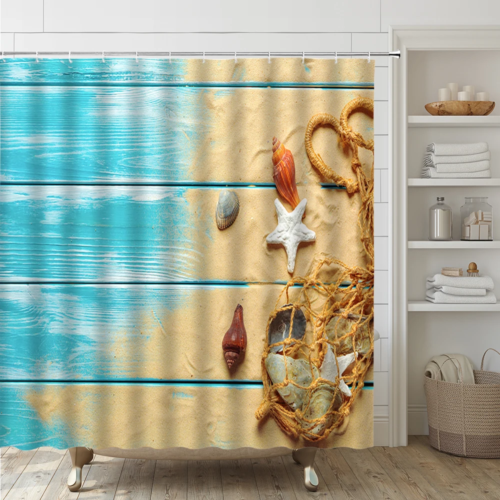 Занавеска для душа с морскими звездами ракушками и ковриком
