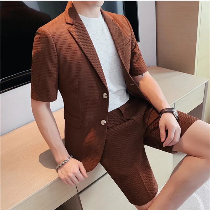 

(Пиджак + шорты) 2022, мужские летние костюмы в британском стиле с короткими рукавами для отдыха/Мужские приталенные модные блейзеры, женская м...