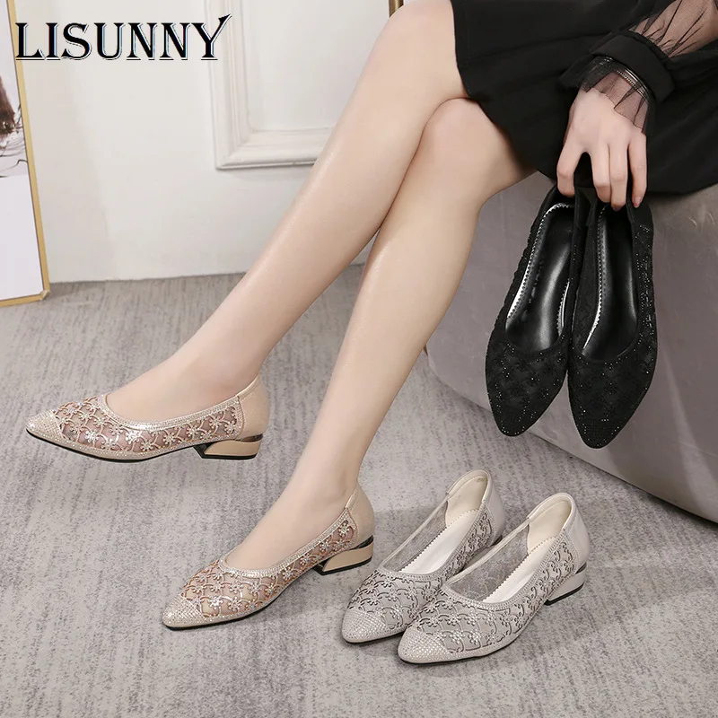 

LISUNNY 2021 Summer Hollow Out Leather Pumps Women Shoes Med Heels Square Heel Mesh Ladies Office Shoes Crystal Pointed