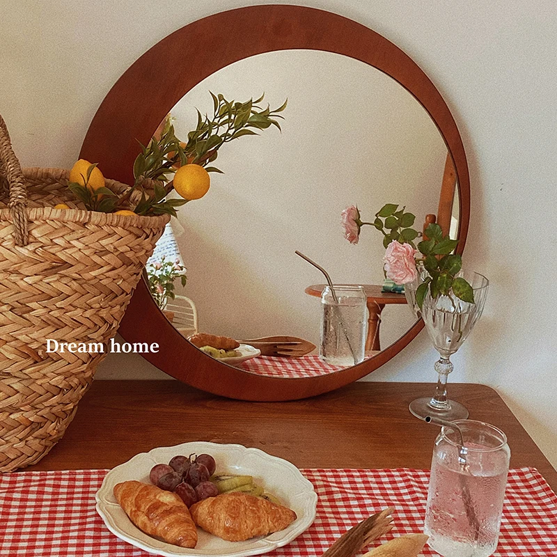 

Vintage Makeup Mirror Art Heart Living Room Boho Vintage Round Wood Frame Mirror Bedroom Espejos Decorativos Room Decoration