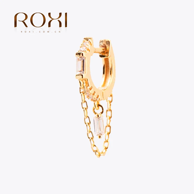 ROXI Geometric Tassel Chain Earring 925 Sterling Silver Square Zircon Pendant Earring Gold Versatile Fashion Ladies Jewelry