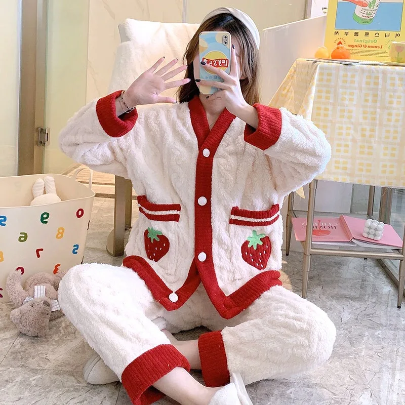 Women's Fleece Pajamas Set Winter Thick Sweet Korean Style Ladies 2 Pieces Sleepwear Single Breasted Pijama Suit For Female